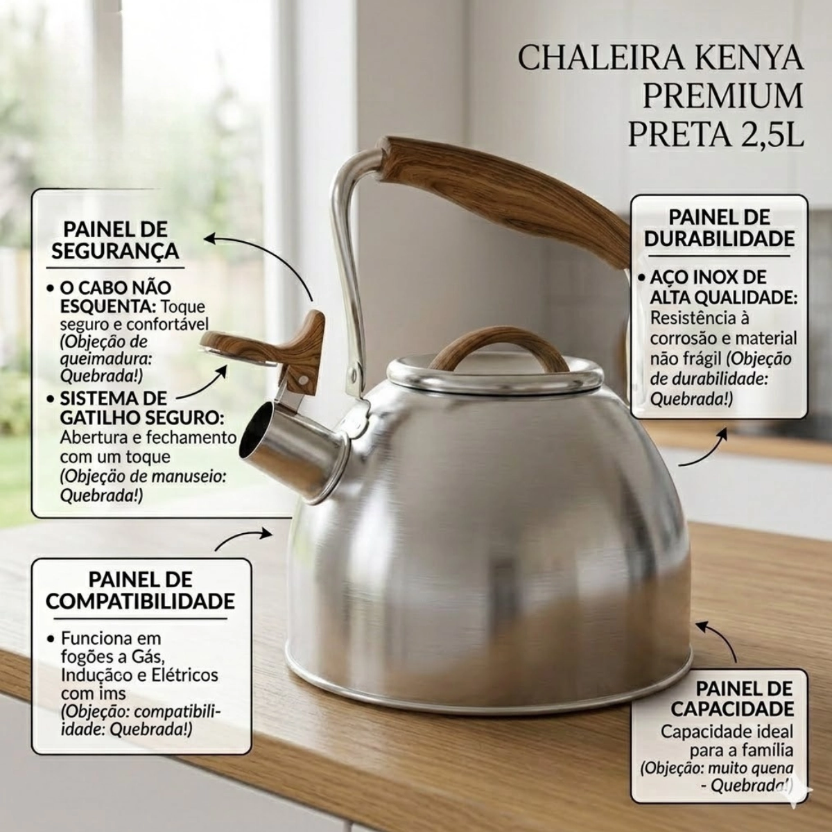 Chaleira Kenya 2,5 Litros Prata com Alça de Madeira e Super Aquecimento Chaleira Kenya 2,5 Litros Prata com Alça de Madeira e Super Aquecimento