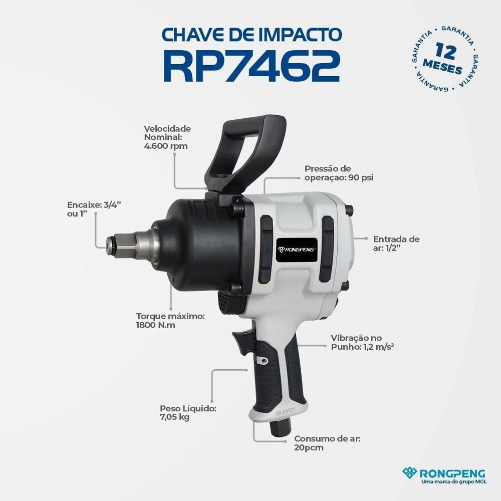 Chave de Impacto Rongpeng 3/4 Pol Pneumática 4600rpm