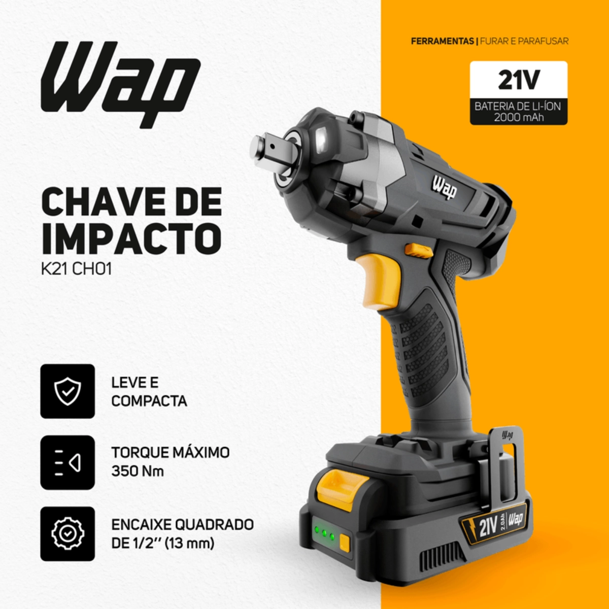 CHAVE DE IMPACTO WAP CINZA E AMARELO 2000MAH K21 CH01 21VDC BILVOLT