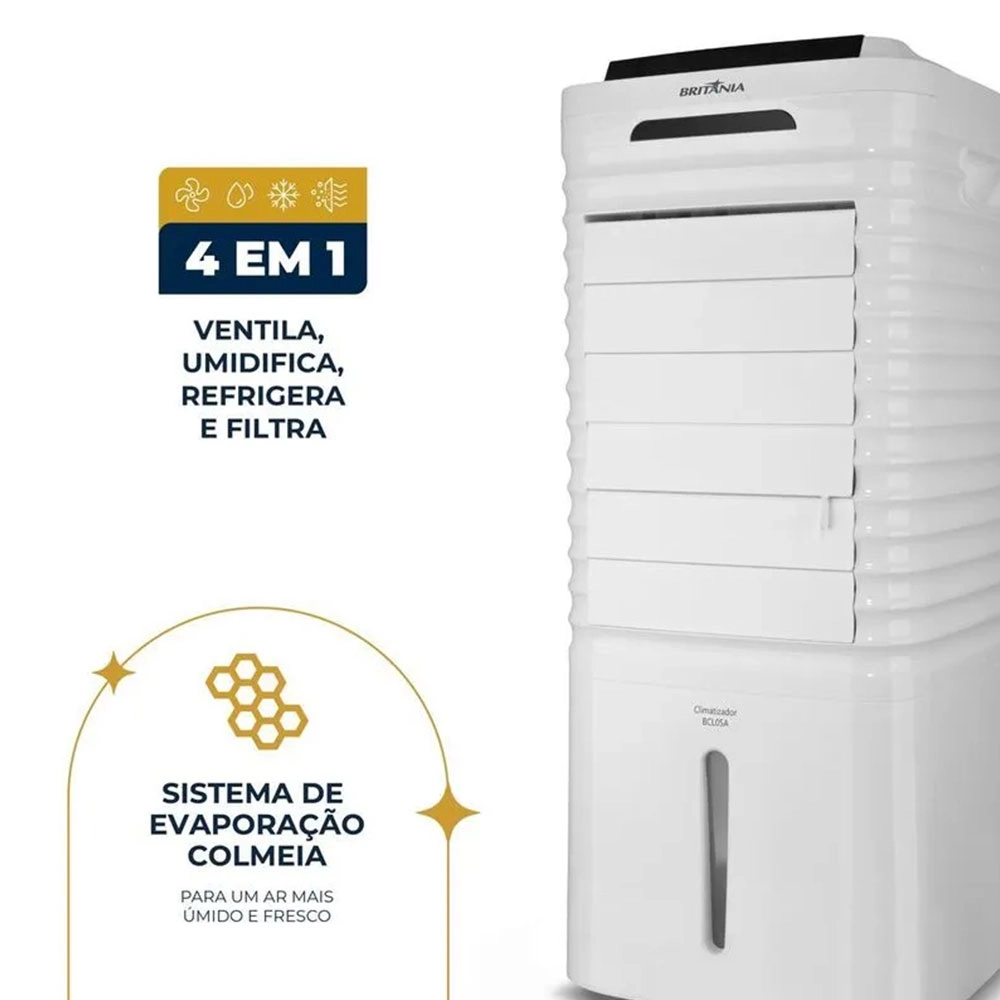 CLIMATIZADOR DE AR 4 EM 1 PORTÁTIL BRITÂNIA 5 LITROS 127V BRANCO