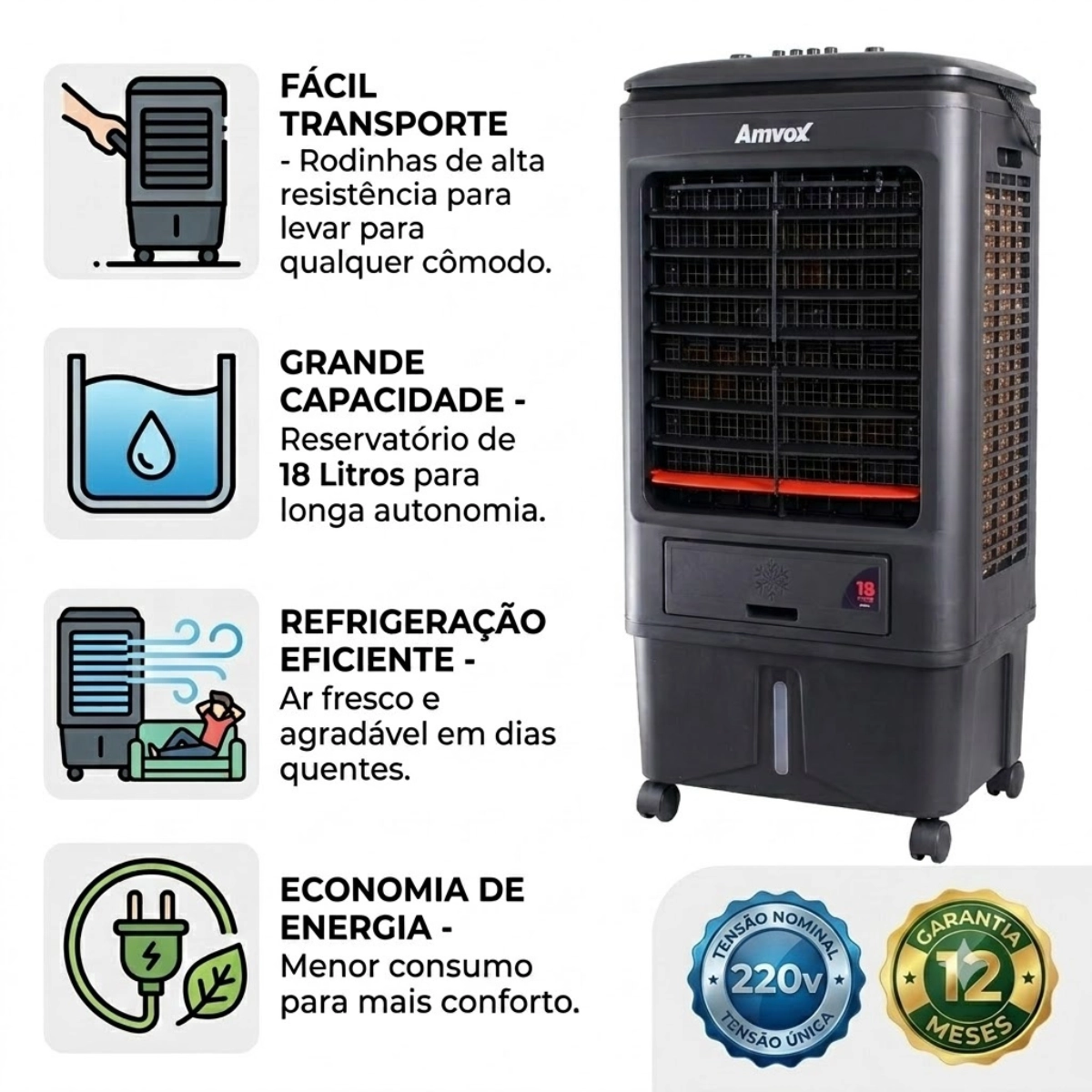 Climatizador de Ar Portatil 18 Litros Amvox Acl 018 Preto 220v