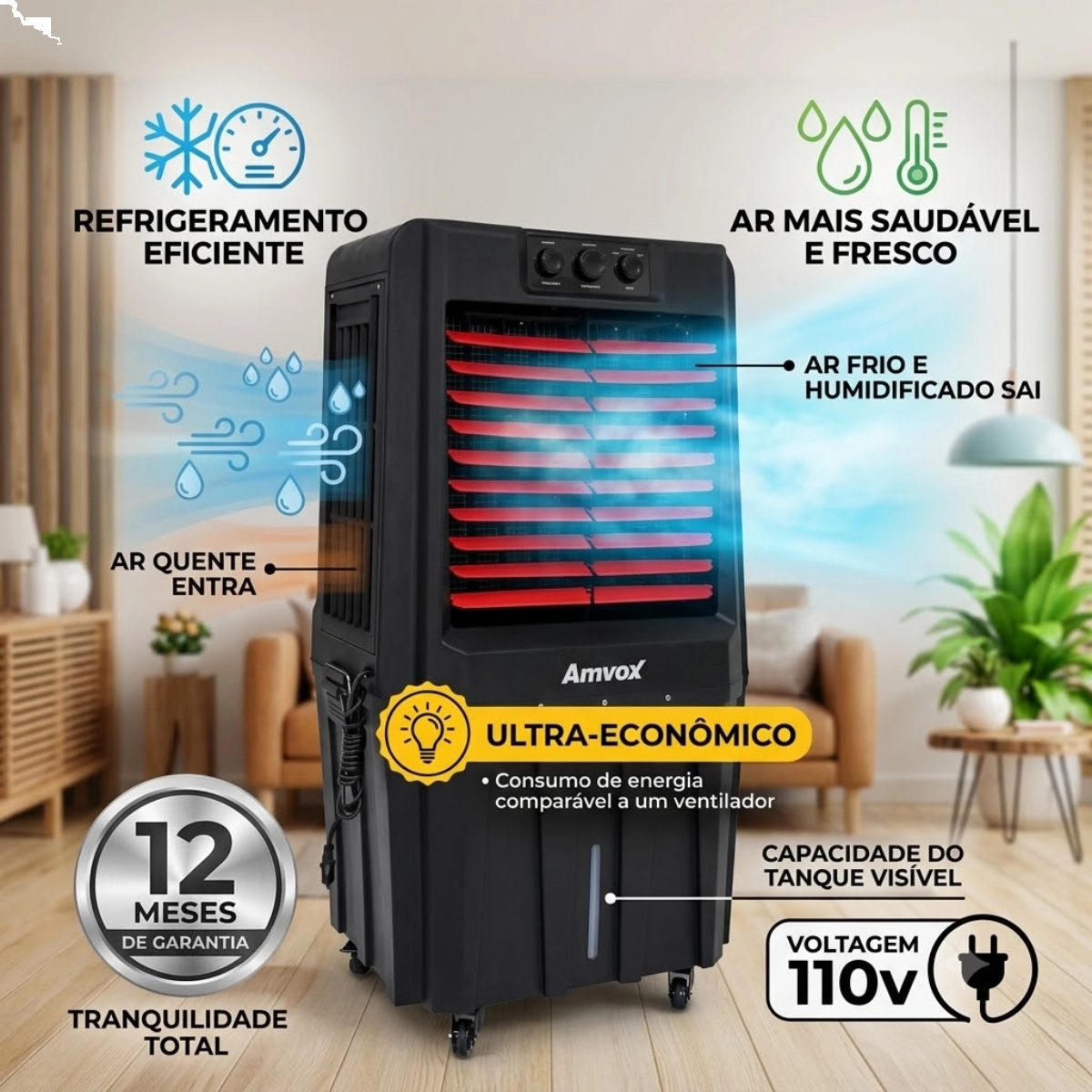 Climatizador de Ar Portatil 90 Litros Amvox Acl 9022 Preto 110v