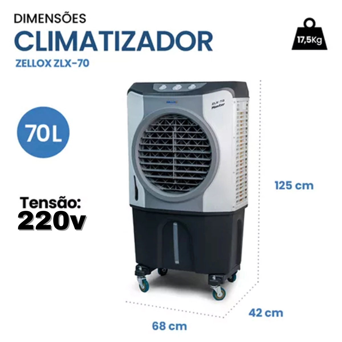 CLIMATIZADOR E UMIDIFICADOR DE AR PORTÁTIL 4 FUNÇÕES ZELLOX 70 LITROS CINZA 220V