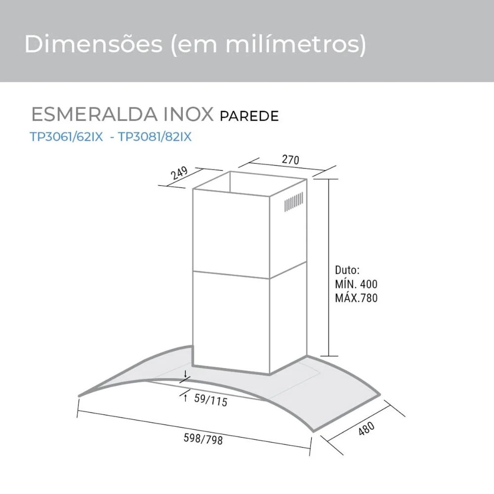 COIFA DE PAREDE ESMERALDA TOUCH 80CM VIDRO 3 VELOCIDADES SUGGAR TP3081IX INOX 127V