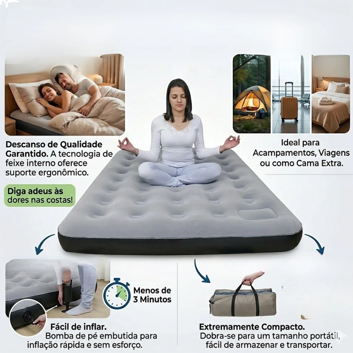 COLCHAO INFLAVEL AVELUDADO PARA CASAL FIT ECOLOGIC ATE 200KG NAUTIKA 