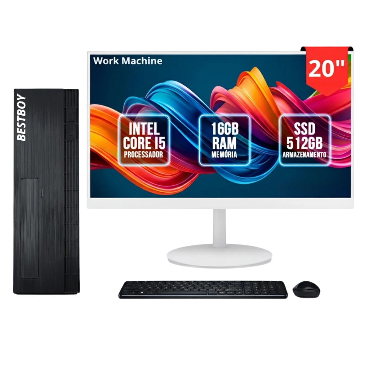 COMPUTADOR SLIM WORK MACHINE BESTBOY INTEL CORE I5 4º 16GB RAM SSD 512GB TECLADO MOUSE MONITOR 20 BRANCO 