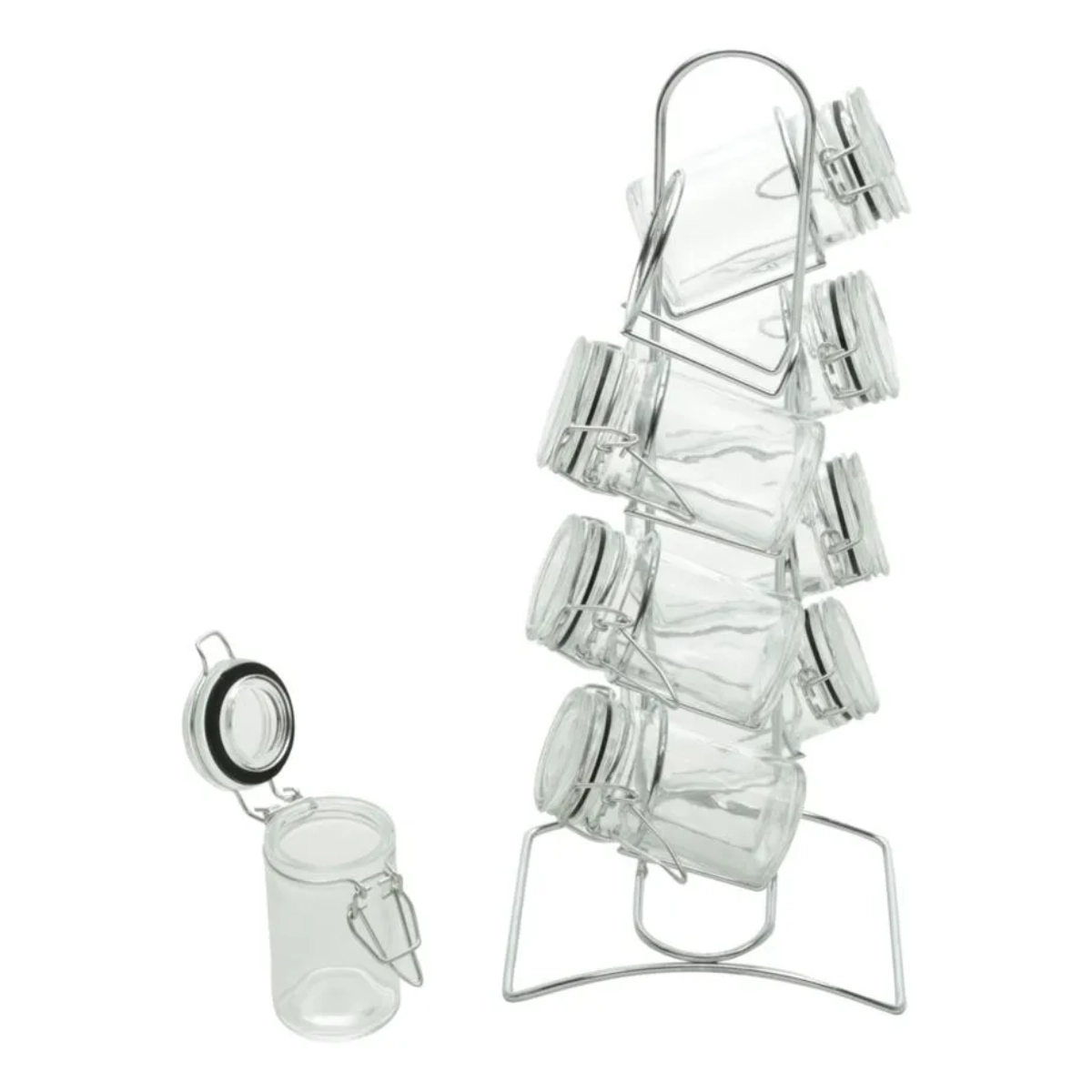 CONJUNTO 8 PORTA TEMPEROS DE VIDRO COM TAMPA HERMÉTICA E SUPORTE DE METAL CROMADO CONJUNTO 8 PORTA TEMPEROS DE VIDRO COM TAMPA HERMÉTICA E SUPORTE DE METAL CROMADO