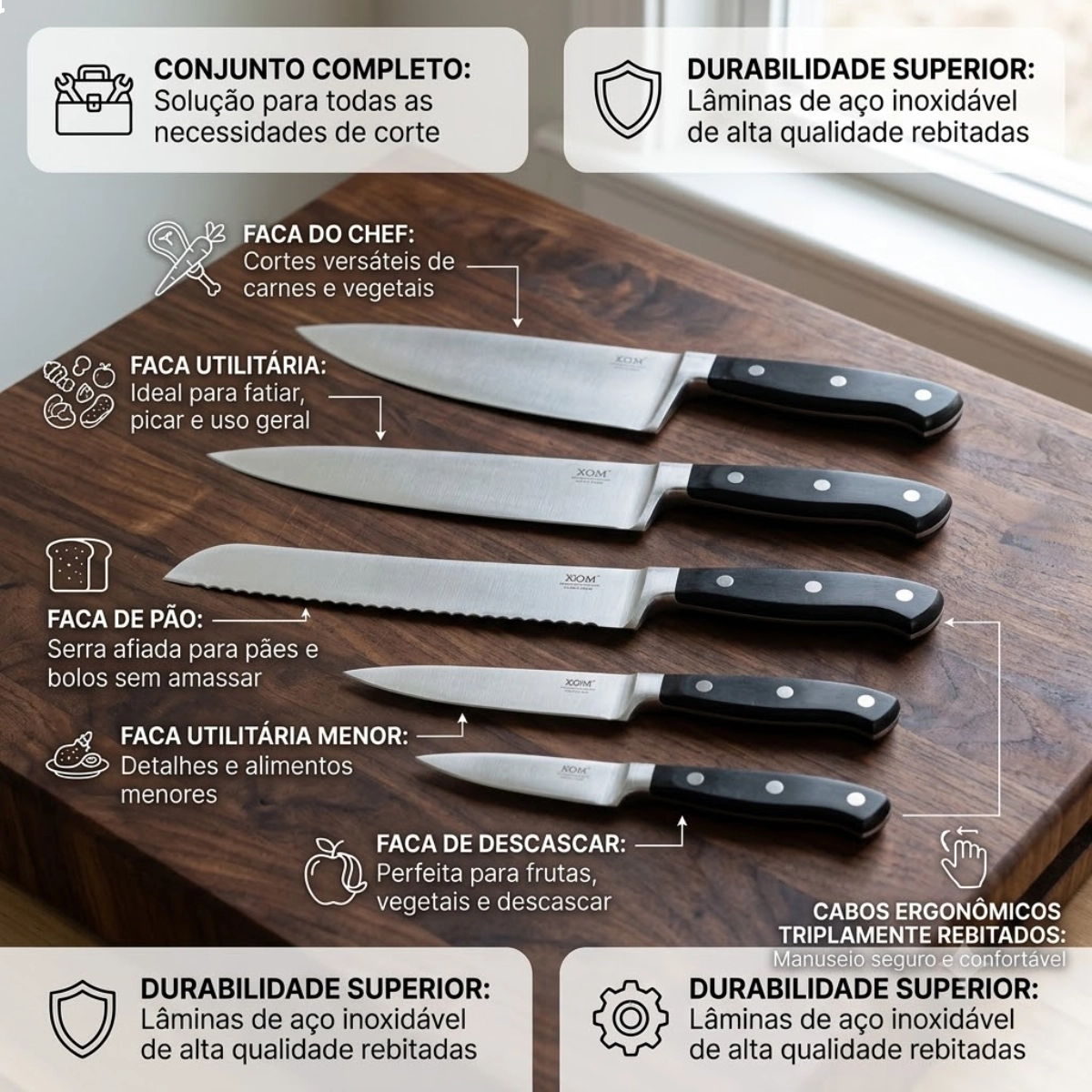 CONJUNTO DE FACAS INOX PARRISH OSTER 6 PEÇAS PREMIUM COM CEPO DE MADEIRA