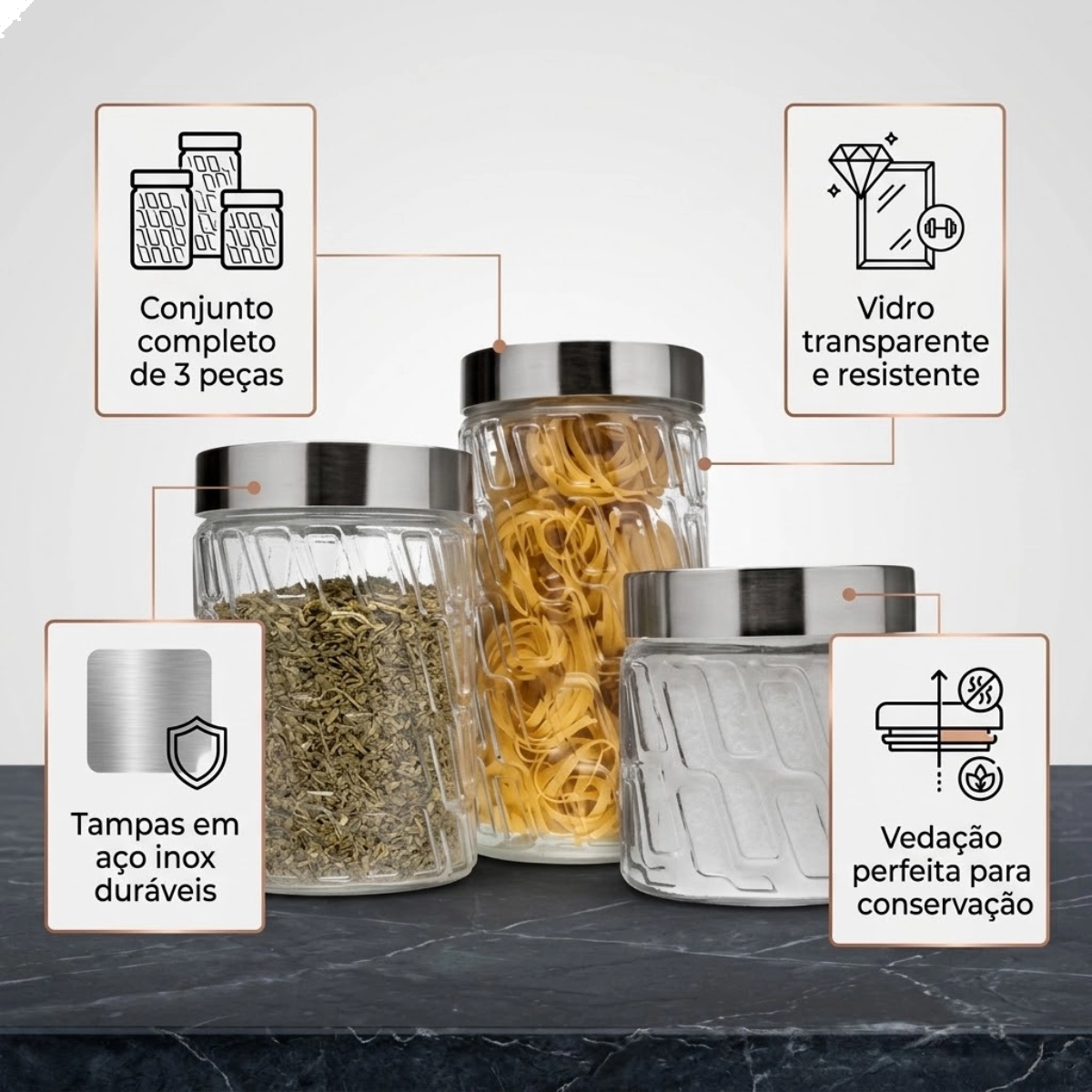 CONJUNTO DE POTES DE VIDRO COM TAMPA INOX 3 PEÇAS MOSAICO EURO HOME
