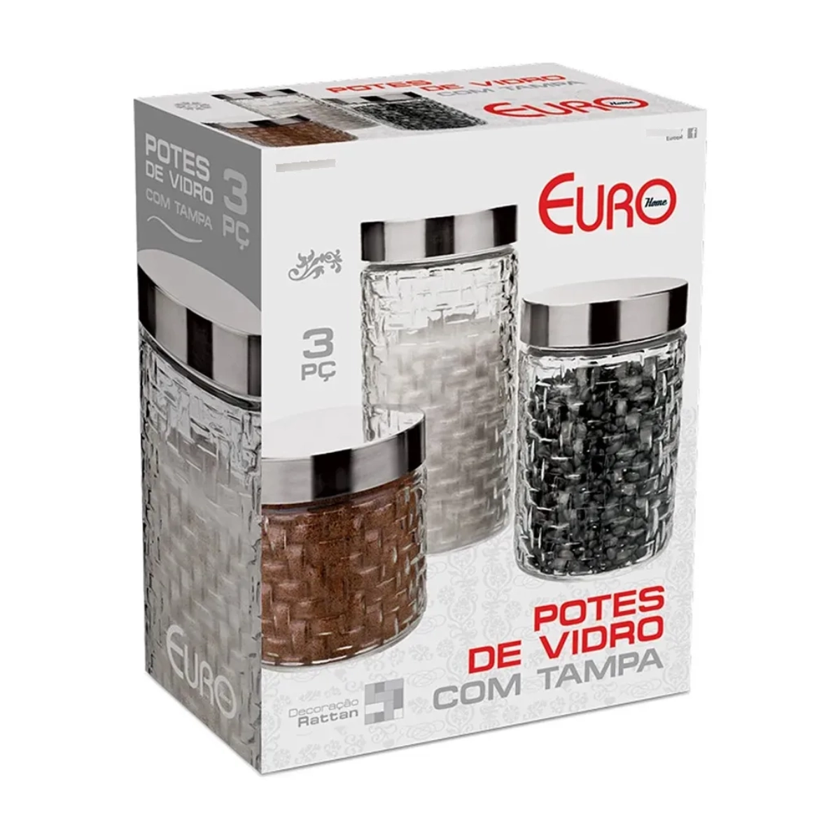 CONJUNTO DE POTES DE VIDRO COM TAMPA RATTAN COM 3 PEÇAS CONJUNTO DE POTES DE VIDRO COM TAMPA RATTAN COM 3 PEÇAS