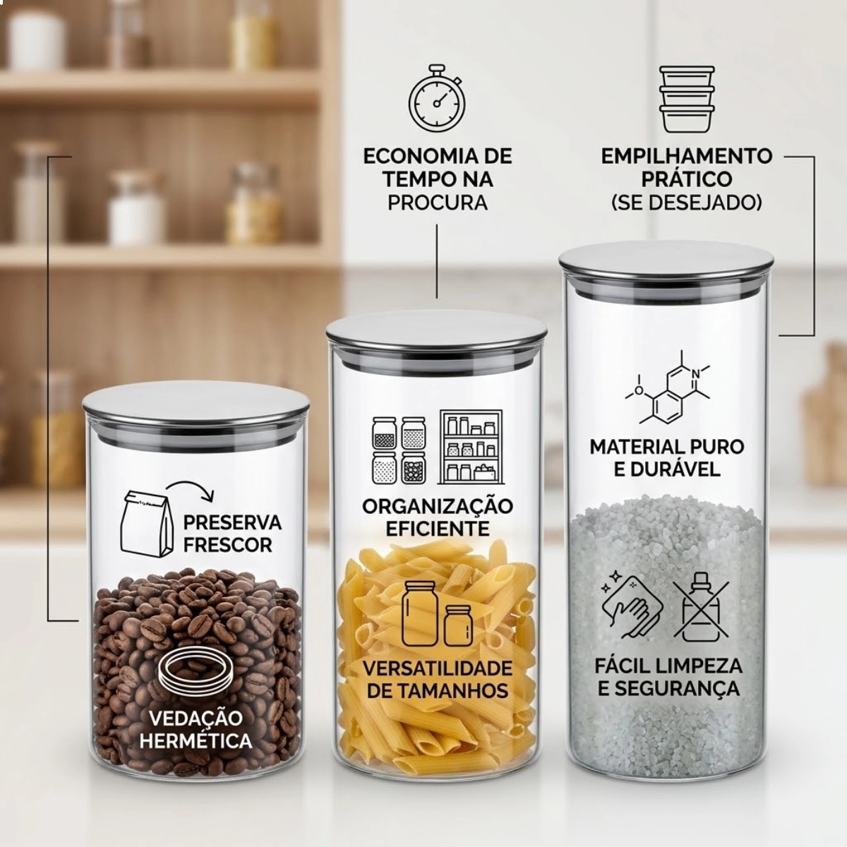 CONJUNTO DE POTES DE VIDRO SLIM COM TAMPA INOX 3 PEÇAS EURO HOME CONJUNTO DE POTES DE VIDRO SLIM COM TAMPA INOX 3 PEÇAS EURO HOME