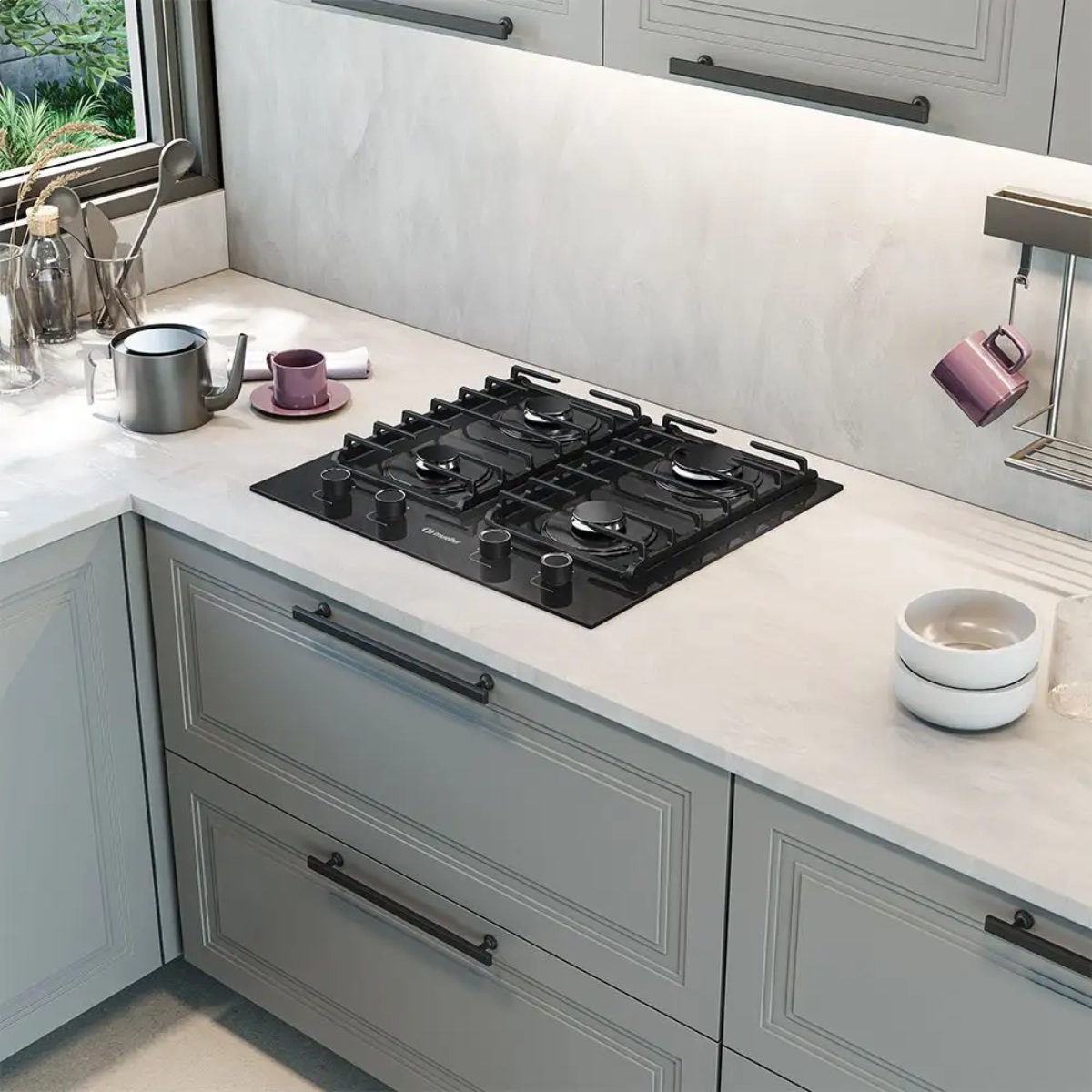 COOKTOP 4 BOCAS A GÁS PRETO MUELLER VIDRO MCG4BM GRADES DE FERRO FUNDIDO BIVOLT