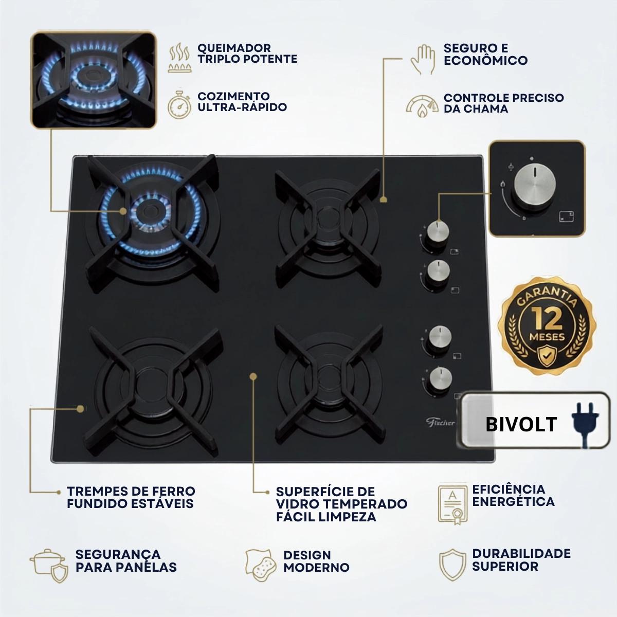 COOKTOP 4 BOCAS FISCHER INFINITY TRIPLA CHAMA A GAS BIVOLT COOKTOP 4 BOCAS FISCHER INFINITY TRIPLA CHAMA A GAS BIVOLT