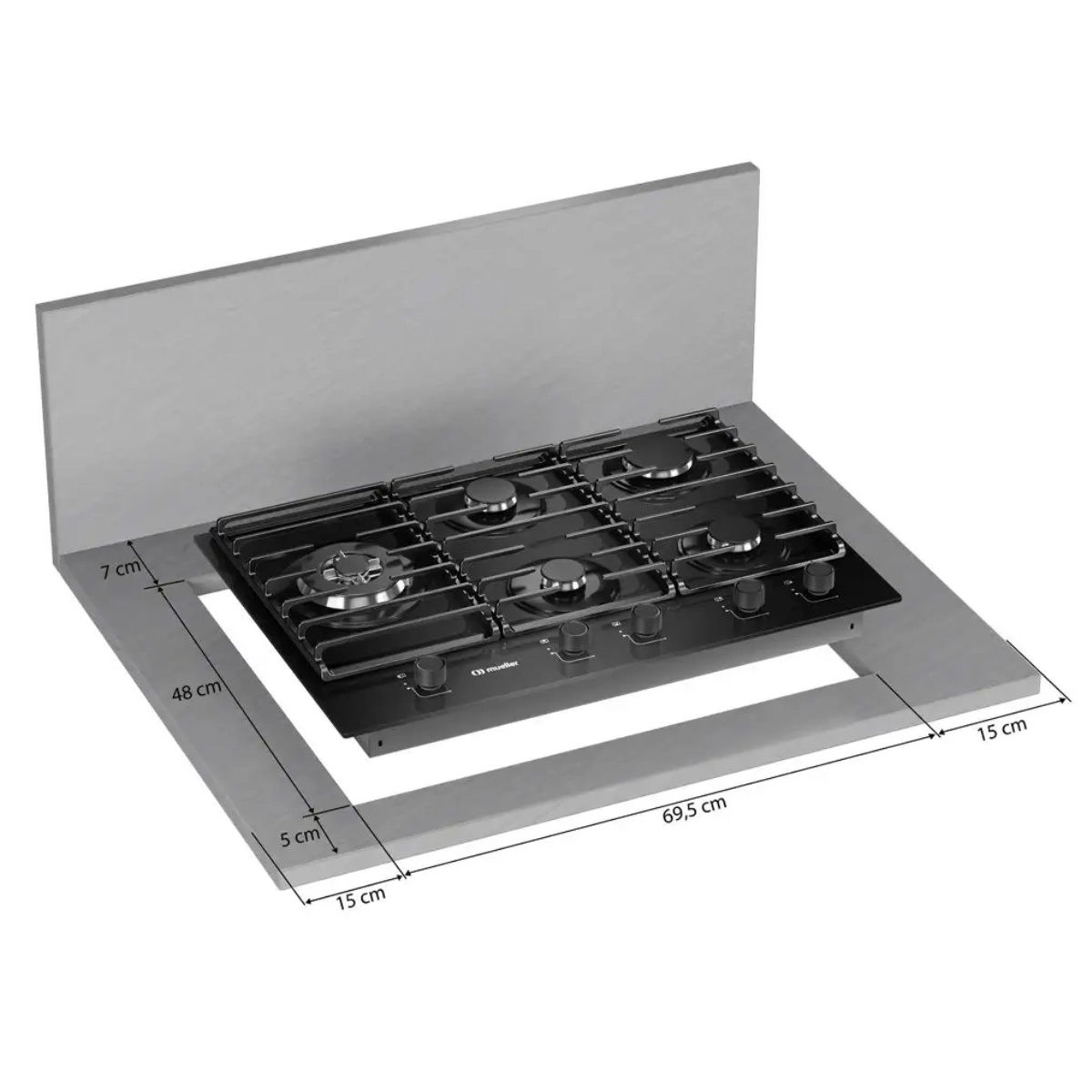 COOKTOP 5 BOCAS A GÁS MUELLER MESA DE VIDRO COM TRIPLA CHAMA MCG5BM BIVOLT