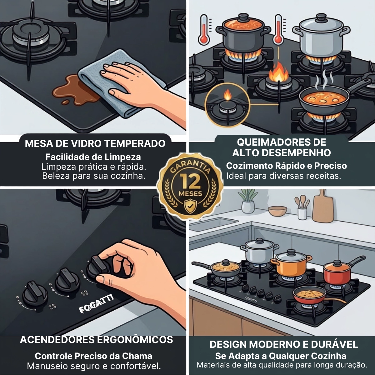 COOKTOP A GÁS FOGATTI 5 BOCAS VIDRO TEMPERADO PRETO BIVOLT COOKTOP A GÁS FOGATTI 5 BOCAS VIDRO TEMPERADO PRETO BIVOLT
