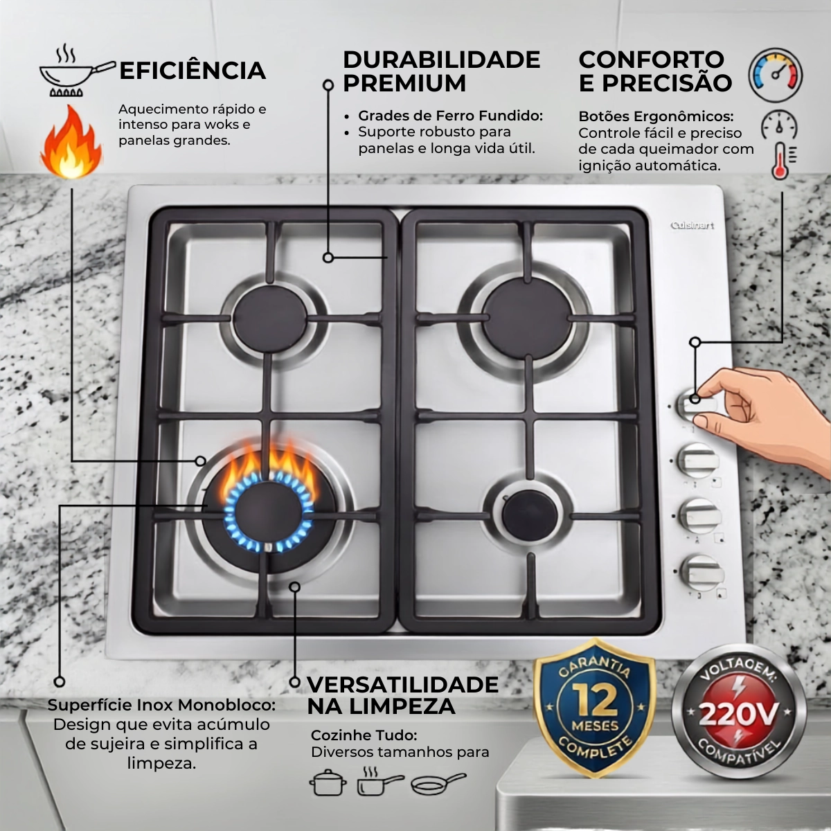 COOKTOP A GAS 4 BOCAS CUISINART ARKTON 60CM INOX PRIME 220V COOKTOP A GAS 4 BOCAS CUISINART ARKTON 60CM INOX PRIME 220V