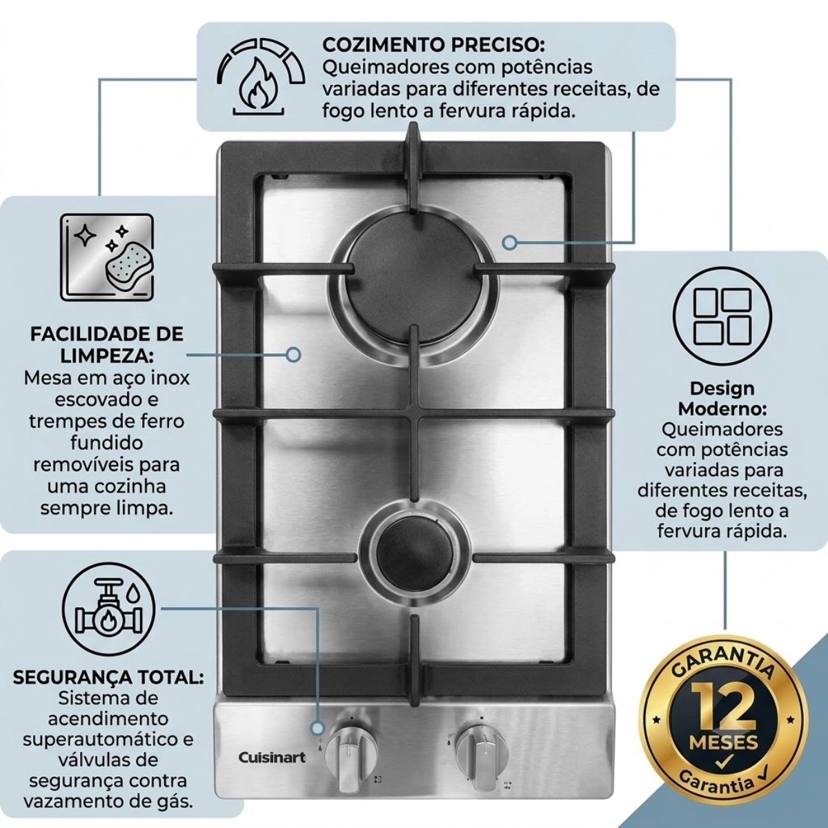 COOKTOP DOMINO A GAS 2 BOCAS CUISINART 30CM INOX 220V COOKTOP DOMINO A GAS 2 BOCAS CUISINART 30CM INOX 220V