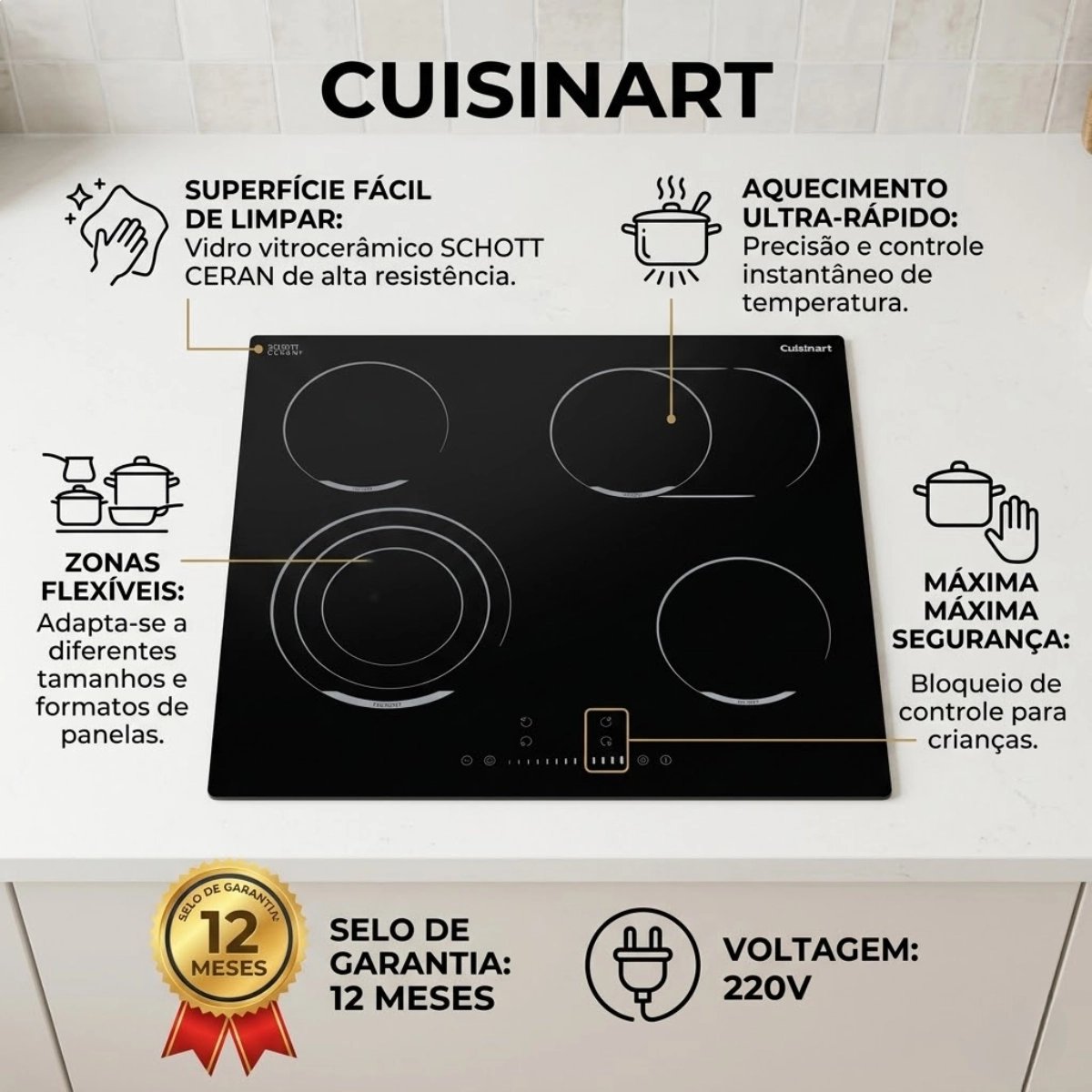 Cooktop Eletrico Vitroceramico 4 Zonas 60cm Cuisinart 220v Preto Cooktop Eletrico Vitroceramico 4 Zonas 60cm Cuisinart 220v Preto