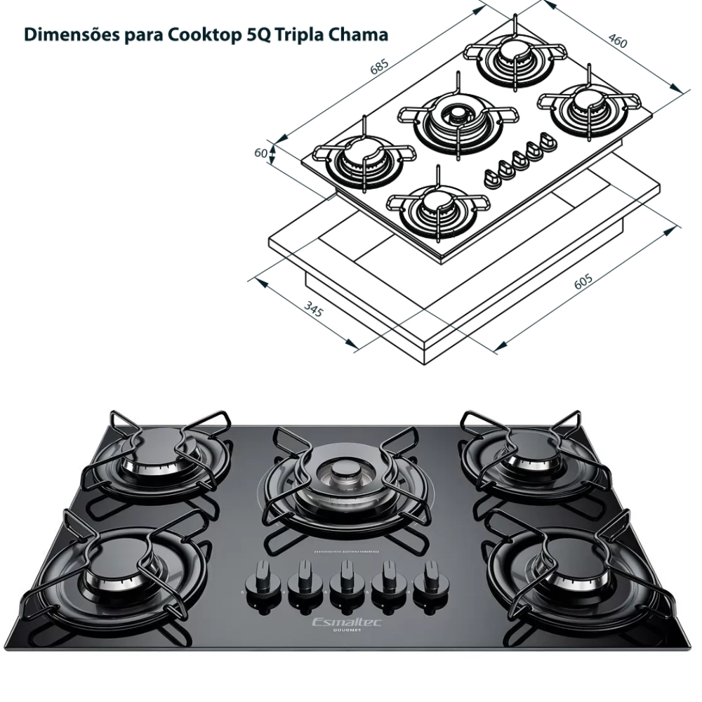 Cooktop Esmaltec 5 Bocas Tripla Chama Gourmet Preto - Bivolt