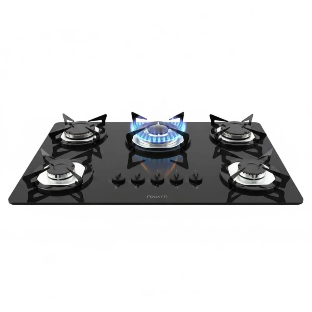 COOKTOP FOGATTI À GÁS FGT 5B TC VIDRO PRETO FLANGE INOX BIVOLT