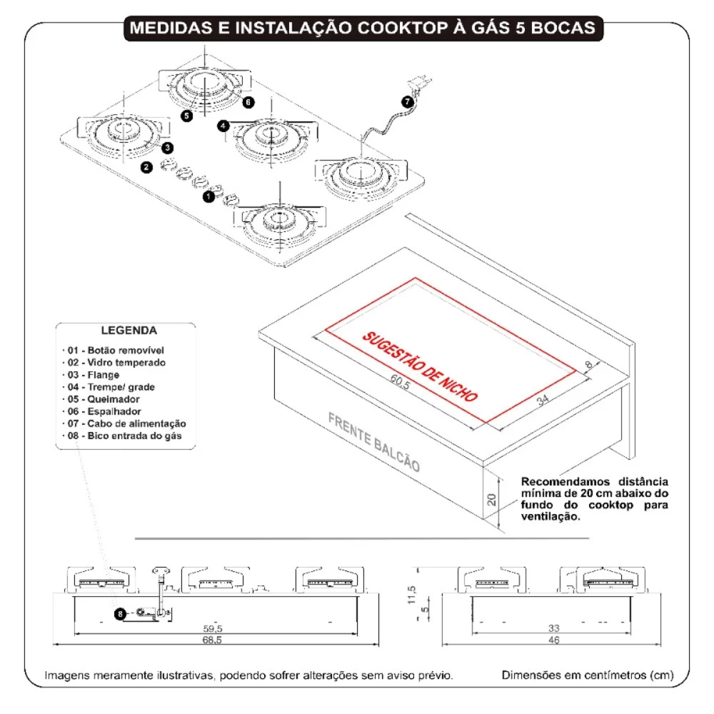 COOKTOP FOGATTI À GÁS FGT 5B TC VIDRO PRETO FLANGE INOX BIVOLT