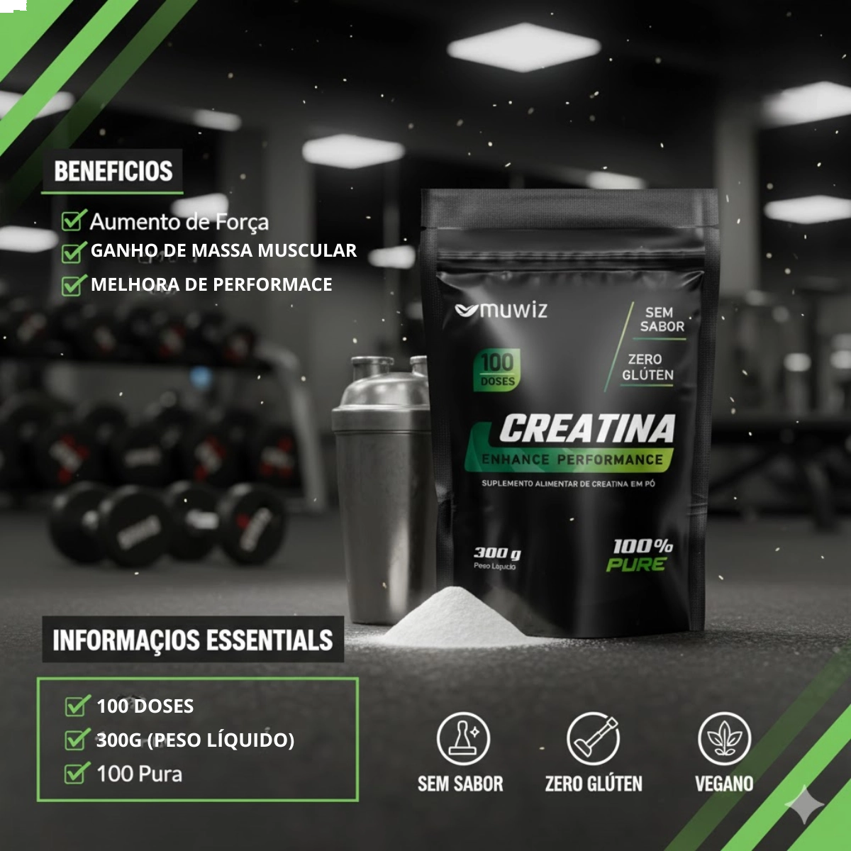 CREATINA MONOHIDRATADA EM PO MUWIZ 300G SEM SABOR CREATINA MONOHIDRATADA EM PO MUWIZ 300G SEM SABOR