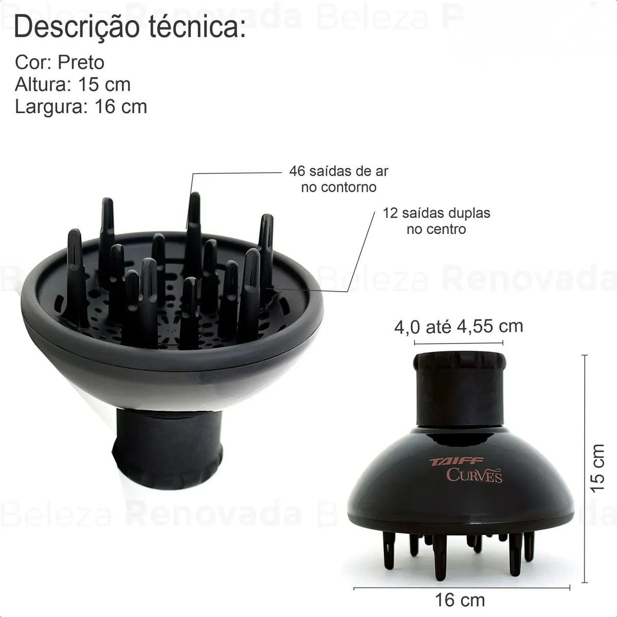 DIFUSOR DEFINIDOR DE CACHOS TAIFF UNIVERSAL CURVES PRETO EM ABS