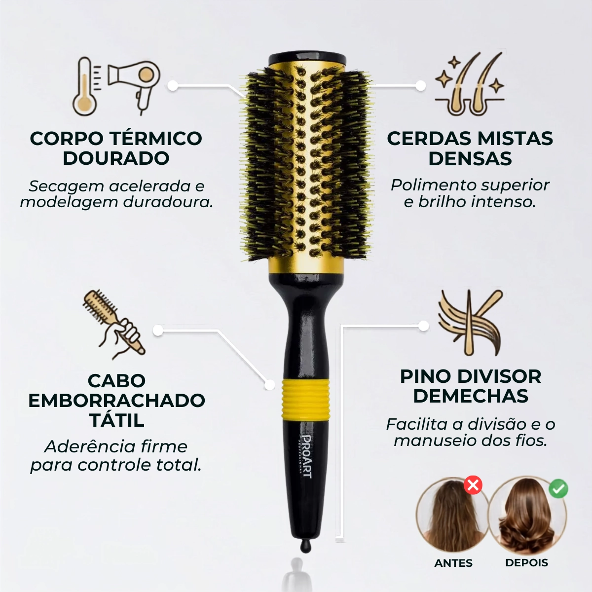 ESCOVA DE CABELO METALICA PRO AMARELA 38MM TÉRMICA CERDAS DUPLAS