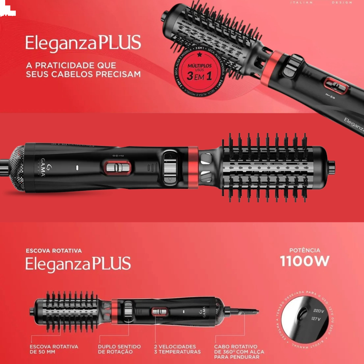 ESCOVA ROTATIVA SECADORA 3 EM 1 ELEGANZA PLUS 1100W BIVOLT GAMA 