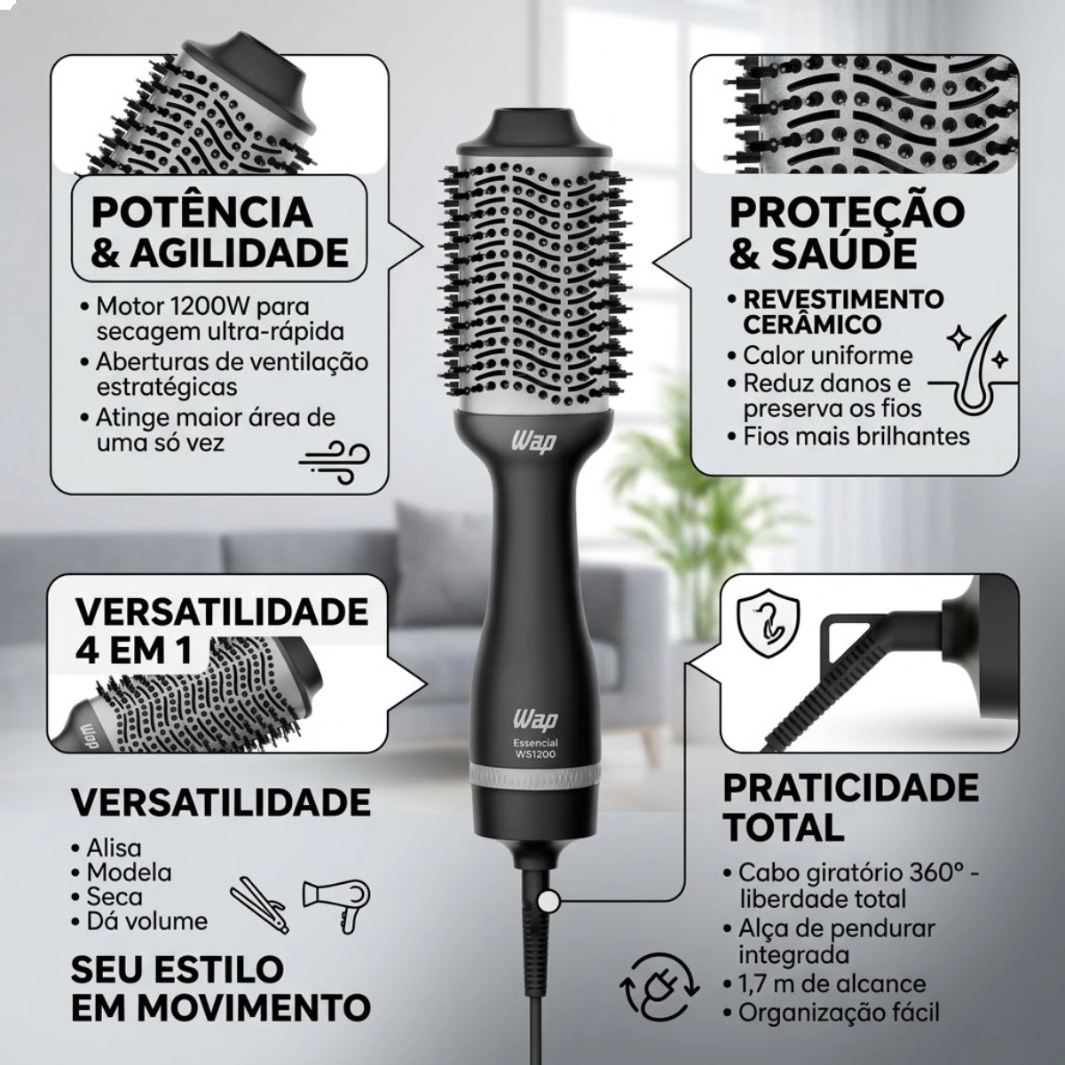 ESCOVA SECADORA 4 EM 1 BIVOLT WAP ESSENCIAL MULTICERDAS ESCOVA SECADORA 4 EM 1 BIVOLT WAP ESSENCIAL MULTICERDAS