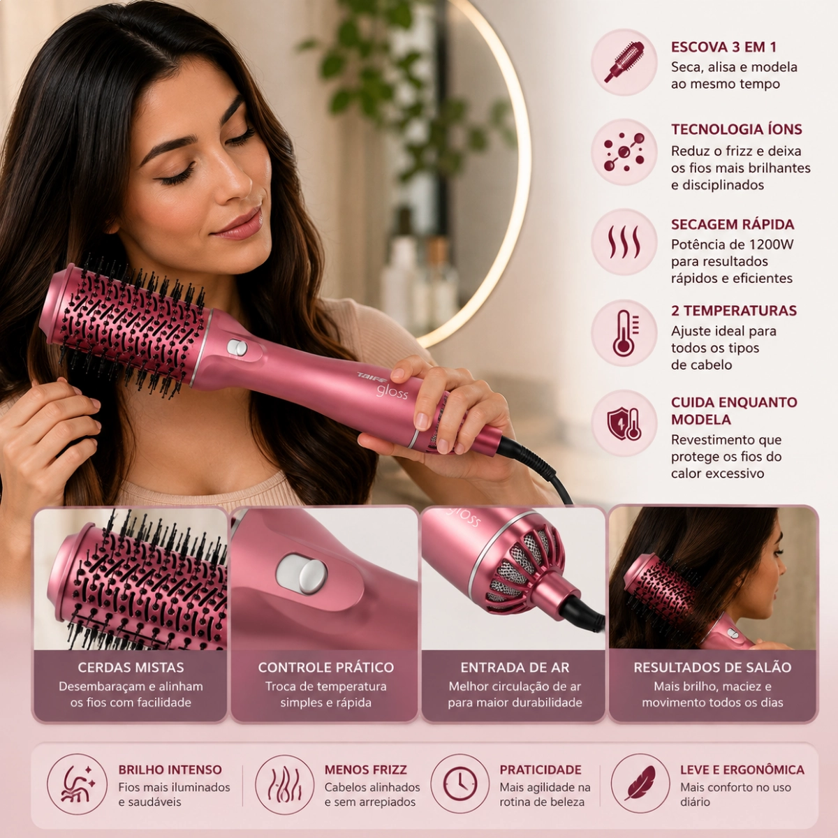 ESCOVA SECADORA ALISADORA MODELADORA TAIFF GLOSS ROSE BIVOLT