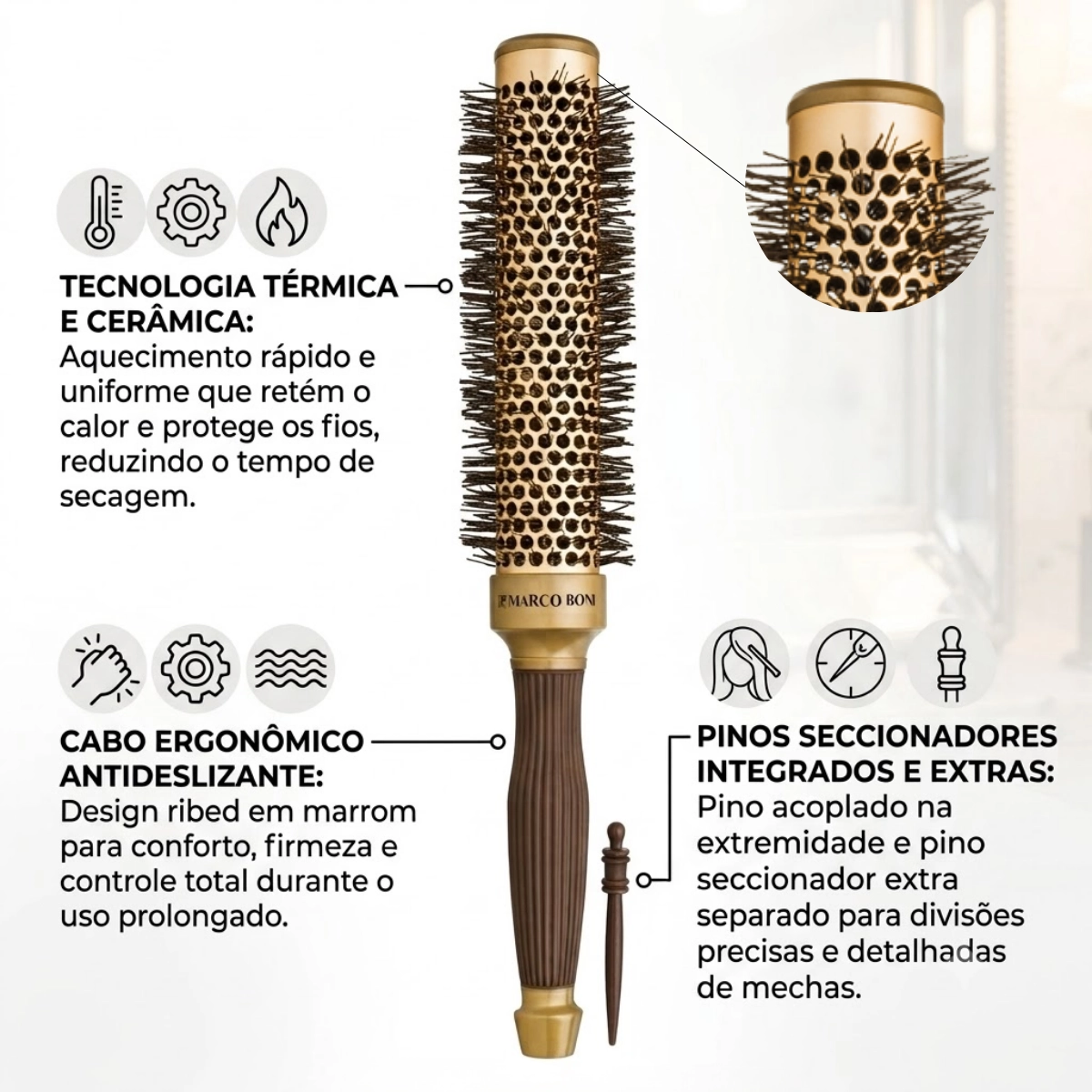 ESCOVA THERMAL METALLIC VAZADA LONG HAIR 50MM MARCO BONI