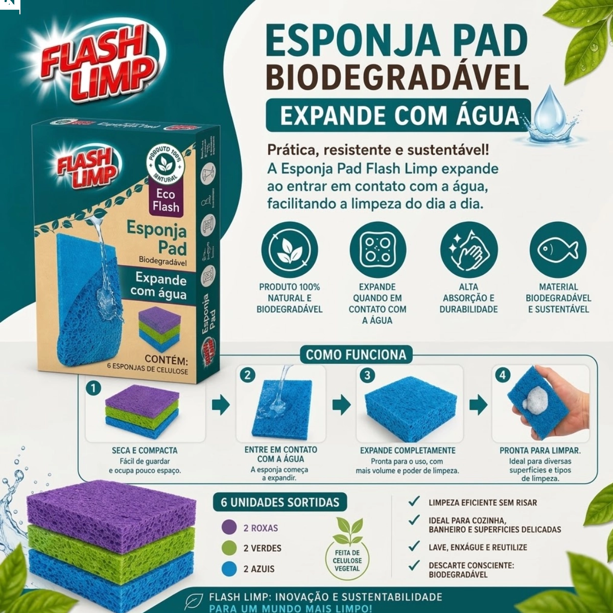 ESPONJA PAD EXPANSIVEL MULTIUSO FLASH LIMP 6 UNIDADES BIODEGRADAVEL ESPONJA PAD EXPANSIVEL MULTIUSO FLASH LIMP 6 UNIDADES BIODEGRADAVEL