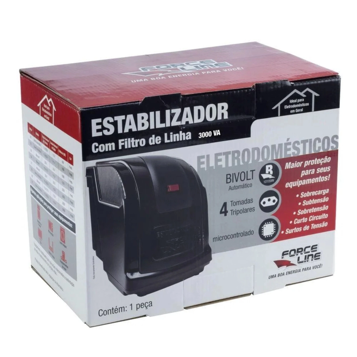 ESTABILIZADOR PARA ELETRODOMÉSTICO 3000VA TRIPOLAR PRETO BIVOLT FORCE LINE