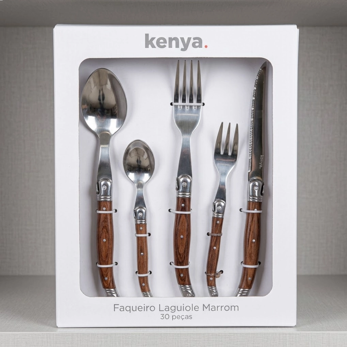 FAQUEIRO LAGUIOLE MARROM 30 PEÇAS KENYA INOX CABO MADEIRA 