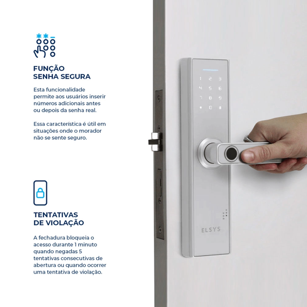 Fechadura Digital de Embutir com Biometria e Senha Numérica Elsys Prata