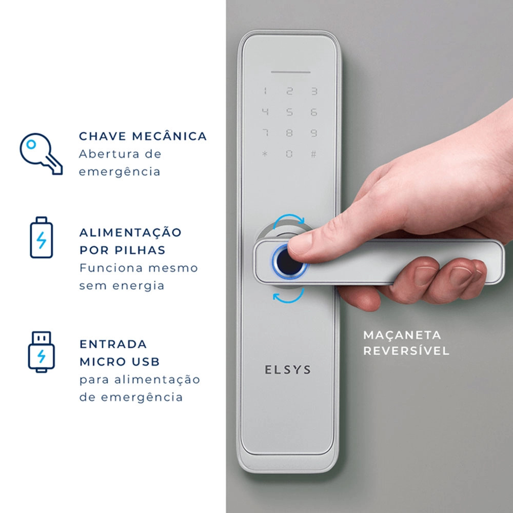 FECHADURA DIGITAL DE EMBUTIR COM WI-FI BIOMETRIA E SENHA NUMÉRICA ELSYS PRATA 