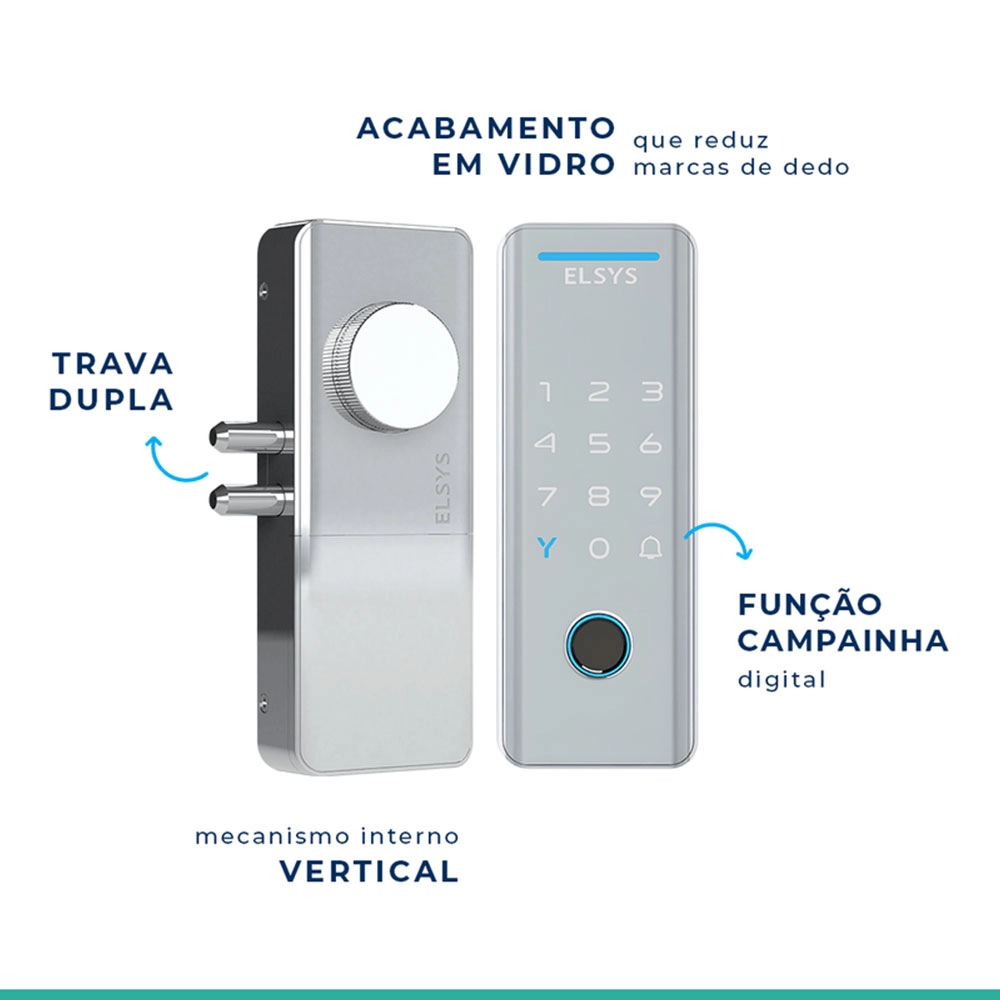 FECHADURA DIGITAL DE SOBREPOR ELSYS VERTICAL WI-FI TECNO ABERTURA POR BIOMETRIA PRATA 