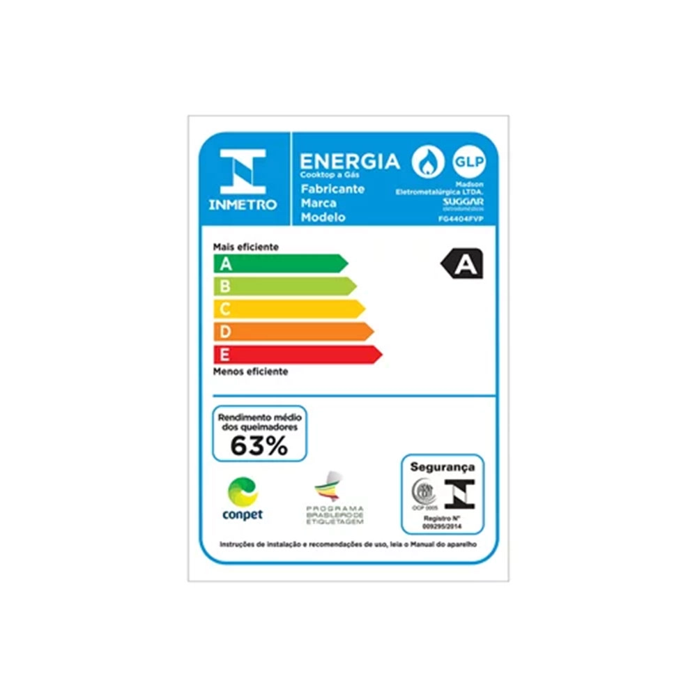 FOGÃO COOKTOP SUGGAR 4 BOCAS A GÁS VIDRO PRETO TRIPLA CHAMA BIVOLT - FG4404FVP
