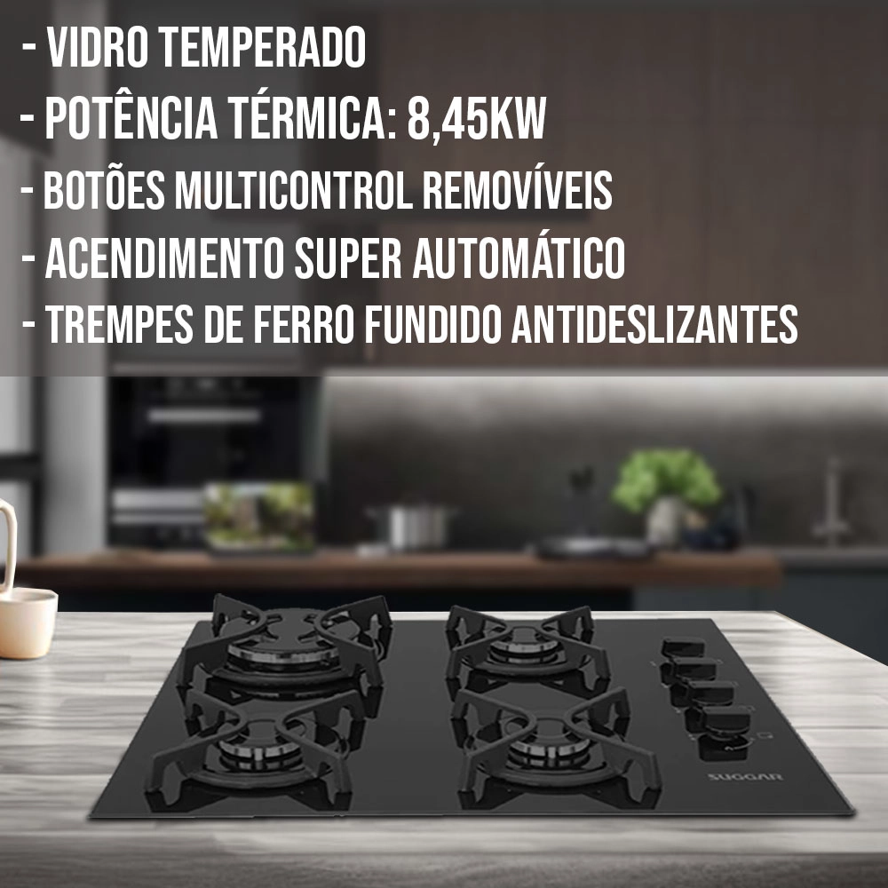FOGÃO COOKTOP SUGGAR 4 BOCAS A GÁS VIDRO PRETO TRIPLA CHAMA BIVOLT - FG4404FVP