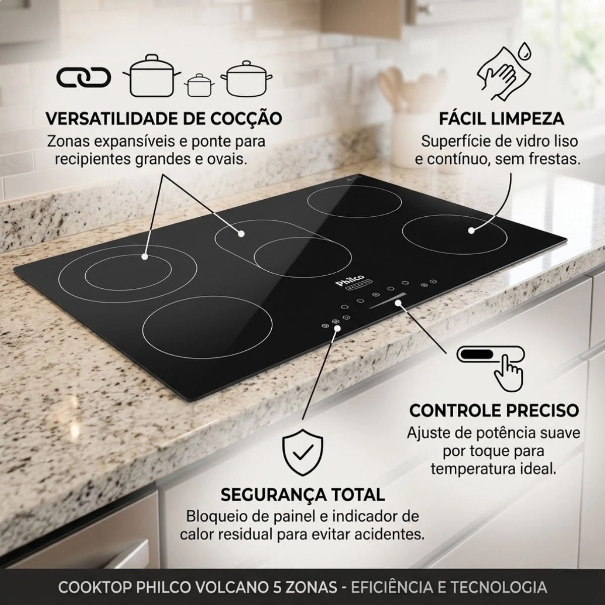FOGÃO COOKTOP VITROCERÂMICO PHILCO 5 BOCAS TOUCH 220V