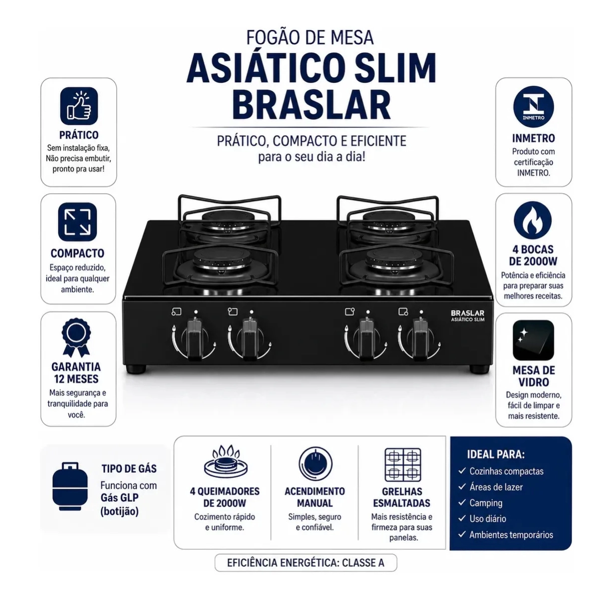 FOGÃO DE MESA ASIÁTICO GLASS 4 BOCAS PRETO ACENDIMENTO MANUAL BRASLAR FOGÃO DE MESA ASIÁTICO GLASS 4 BOCAS PRETO ACENDIMENTO MANUAL BRASLAR