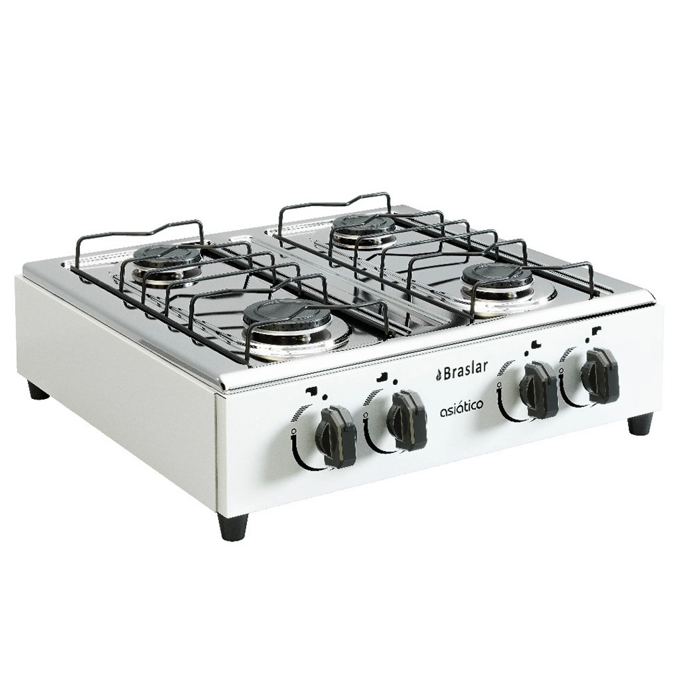 Fogão Portátil 4 Bocas a Gas Asiático Branco com Mesa Inox - Braslar