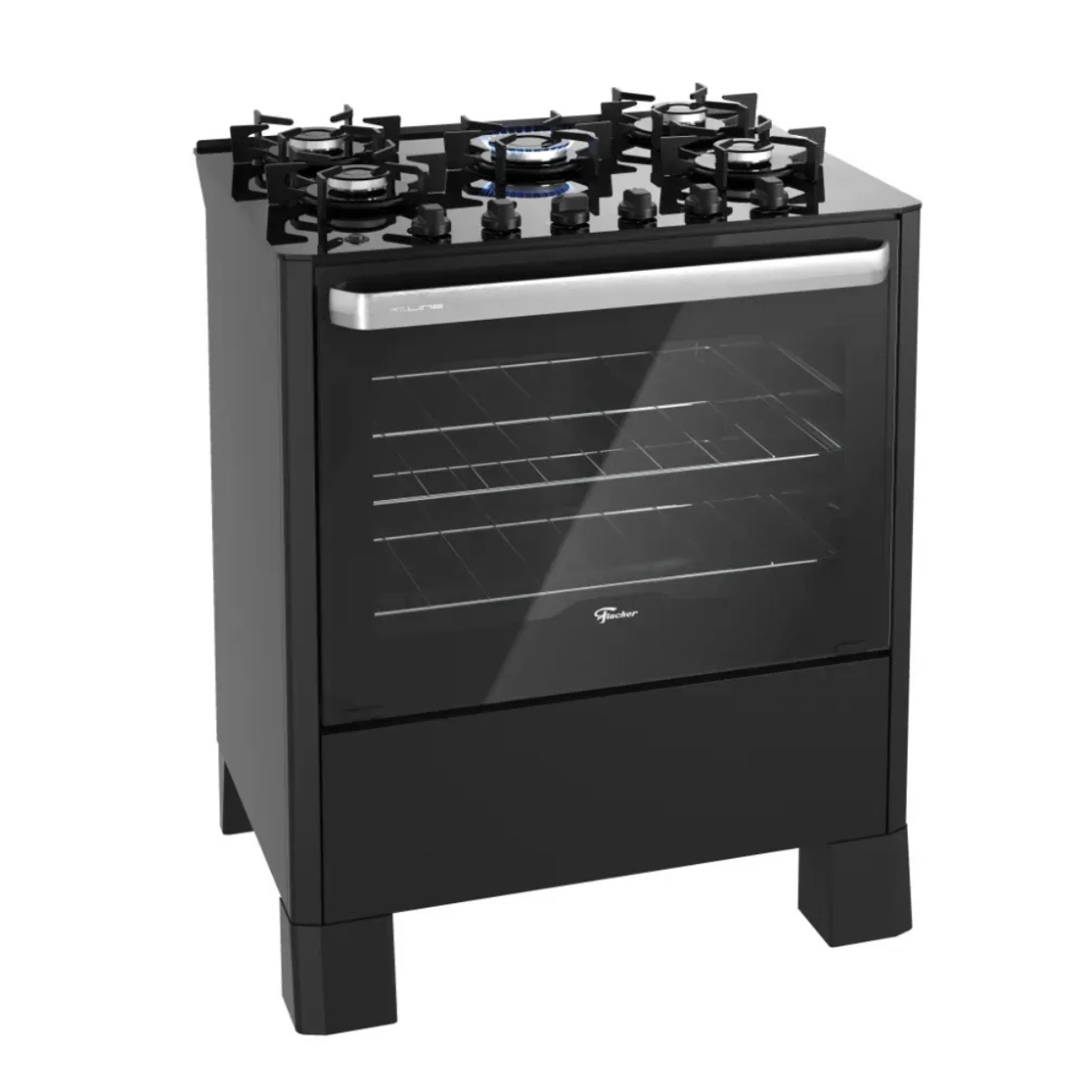 Fogao de Piso a Gas Fischer 5 Bocas Fit Line Trempe Iron Mesa Vidro Preto Bivolt Fogao de Piso a Gas Fischer 5 Bocas Fit Line Trempe Iron Mesa Vidro Preto Bivolt