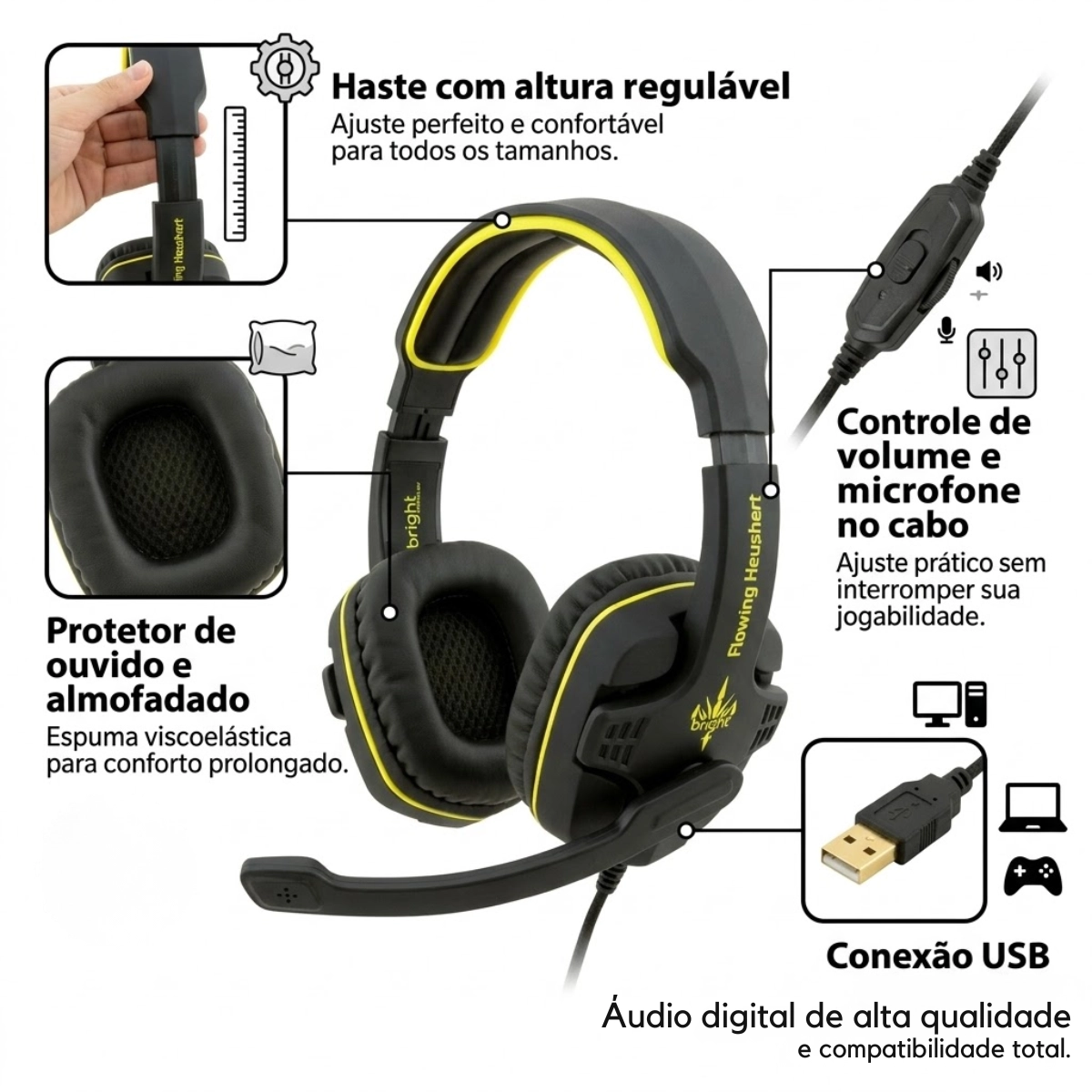 FONE DE OUVIDO HEADSET GAMER 7.1 USB BRIGHT PRETO HASTE REGULÁVEL E CONTROLE DE VOLUME FONE DE OUVIDO HEADSET GAMER 7.1 USB BRIGHT PRETO HASTE REGULÁVEL E CONTROLE DE VOLUME