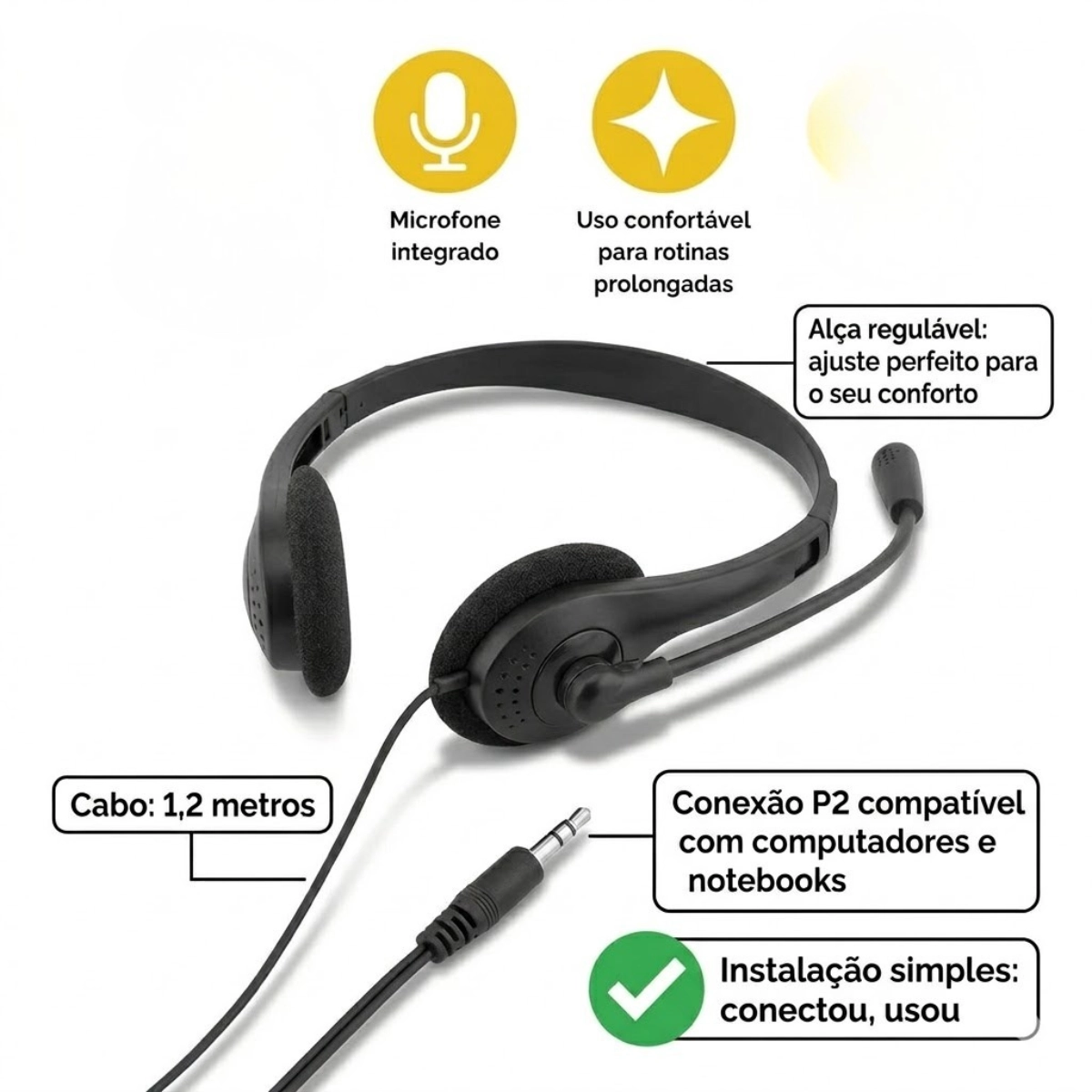 FONE DE OUVIDO HEADSET OFFICE PRETO BRIGHT P2 COM MICROFONE  E CABO DE 1,2 METROS.