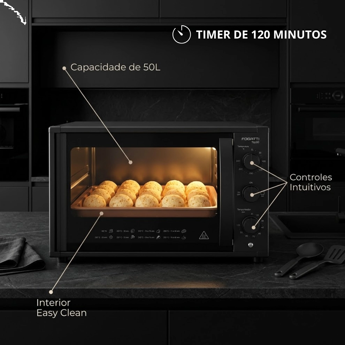 Forno Elétrico de Bancada 50l 1750w Top50 Black Fogatti 127v Forno Elétrico de Bancada 50l 1750w Top50 Black Fogatti 127v