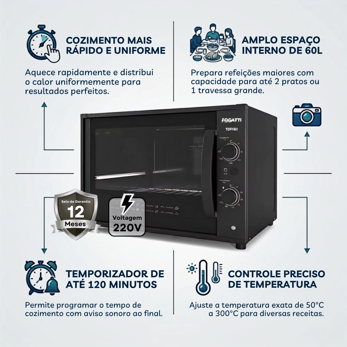 FORNO ELÉTRICO DE EMBUTIR TOP60 FOGATTI 60L PRETO 220V