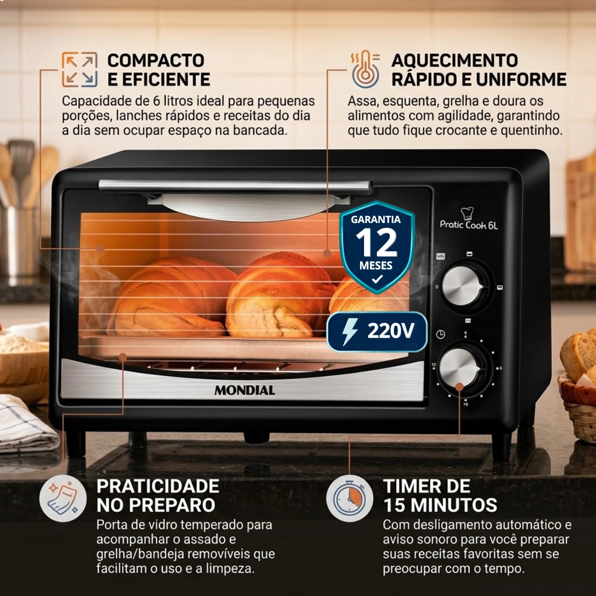 FORNO ELÉTRICO MONDIAL PRATIC COOK 6 LITROS FR-09 220V