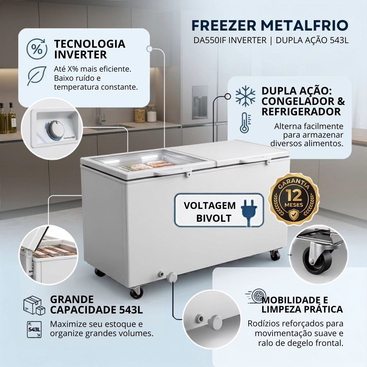 FREEZER HORIZONTAL METALFRIO 543L DUPLA ACAO INVERTER BIVOLT